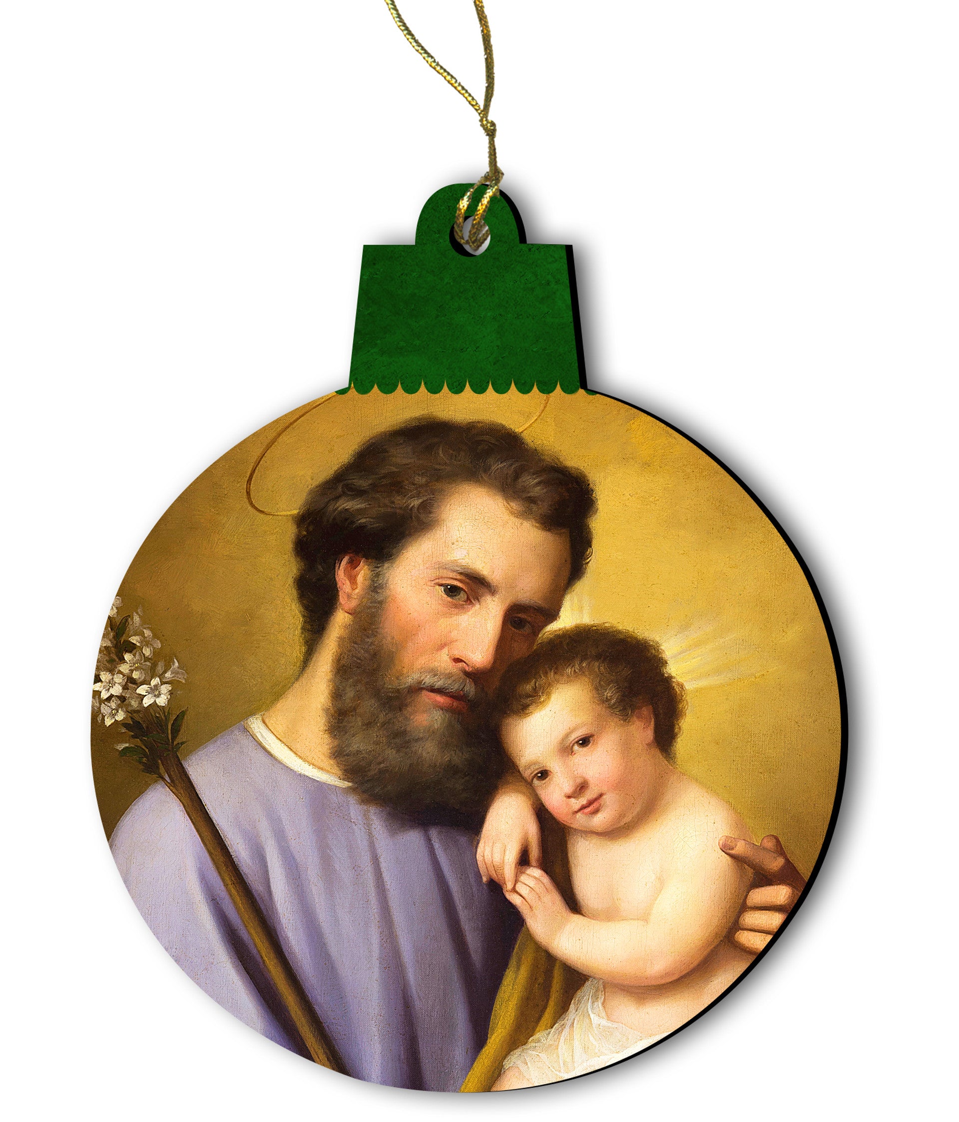 Commemorative St. Joseph wood ornament with smooth finish, featuring classic artwork of St. Joseph and child, 2 3/4 inches.