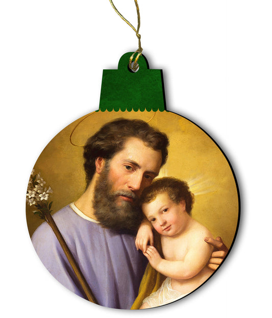 Commemorative St. Joseph wood ornament with smooth finish, featuring classic artwork of St. Joseph and child, 2 3/4 inches.