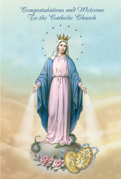 Congratulations and Welcome to the Catholic Church card featuring Mary with gold crown, rosary, roses, and blue sky background