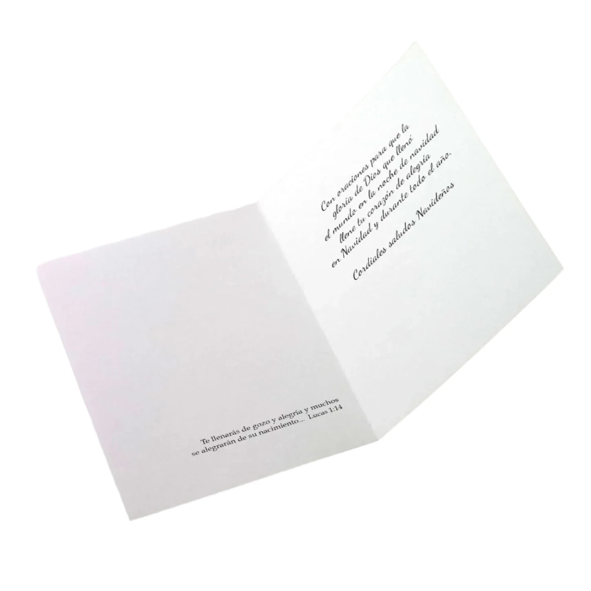 Open Christmas card with Spanish prayers and holiday greetings in black script on white background