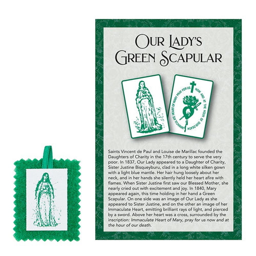 Cordless two-sided green scapular with embroidered image and explanatory devotional card about the Immaculate Heart of Mary.