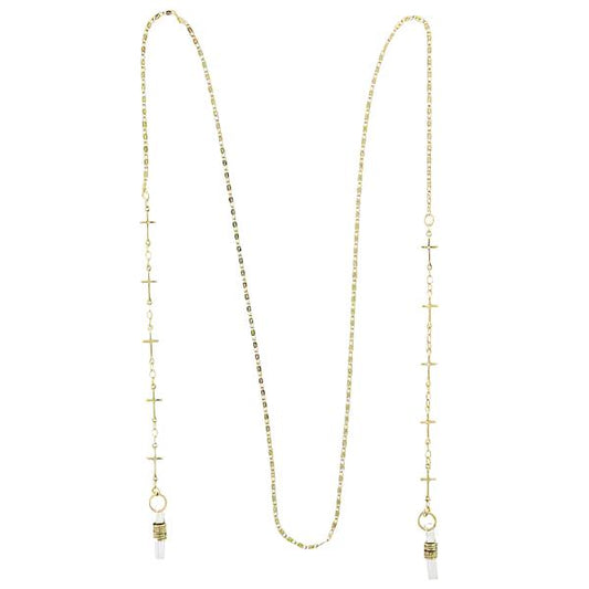 Gold Cross Link Eyeglass Holder Chain with 32-inch length, featuring delicate cross accents and sturdy eyeglass connectors