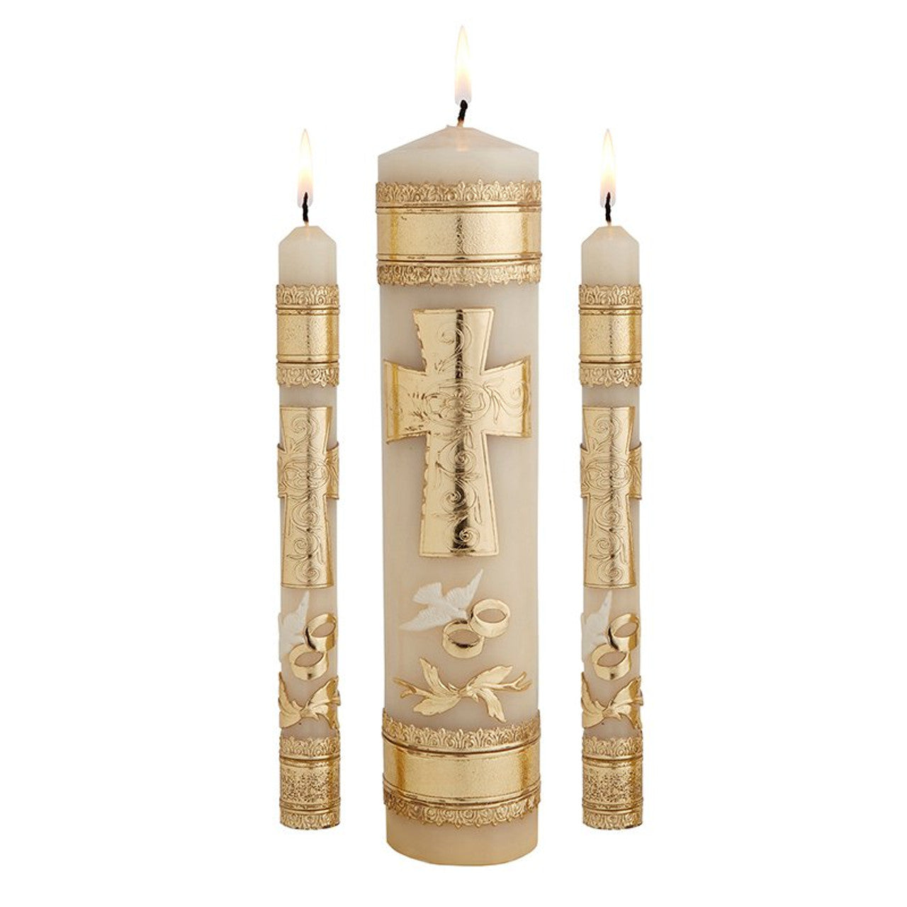 Wedding unity candle set featuring gold embossed cross and rings on ivory wax with flame lit wicks