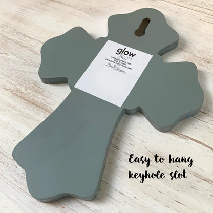 God Bless and Protect Our Troops wood wall cross 6x8 with keyhole slot and smooth gray finish on wooden surface
