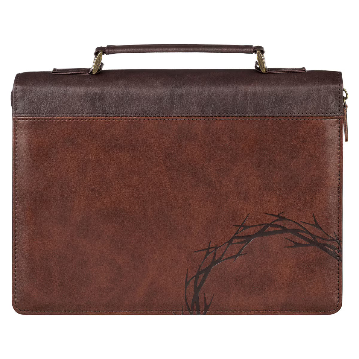 Brown faux leather Bible cover with crown of thorns design and espresso brown handle with brass hardware