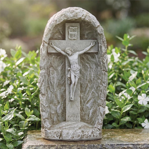 Crucifix in a Grotto Outdoor Garden Statue  19"
