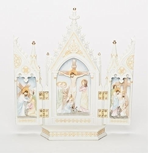 8" Crucifixion triptych statue hand-painted with Gothic arch, depicting Jesus on cross and Passion scenes in soft colors