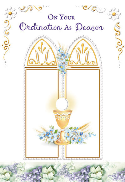 Ornate greeting card for ordination as deacon with gold chalice, host, floral accents, and embossed decorative border