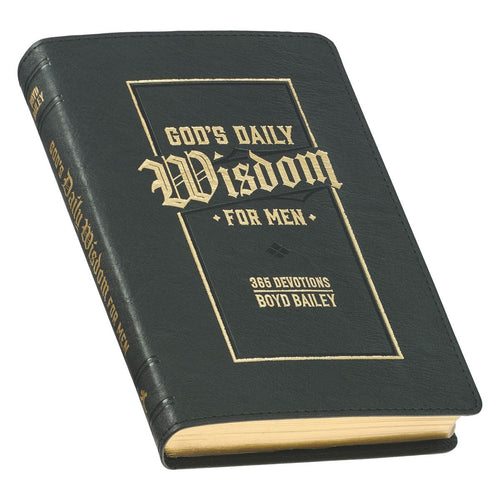 6 1/4" x 4 3/4" black faux leather devotional book titled "God's Daily Wisdom for Men" with gold embossed lettering and gilded page edges