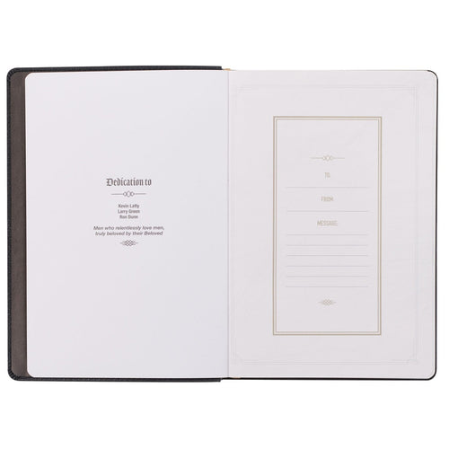 Open Pursuing God devotional with dedication page and blank message page in saddle tan faux leather cover