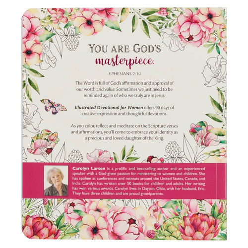 Back cover of Illustrated Devotional for Women with floral border, inspirational text, and author bio panel