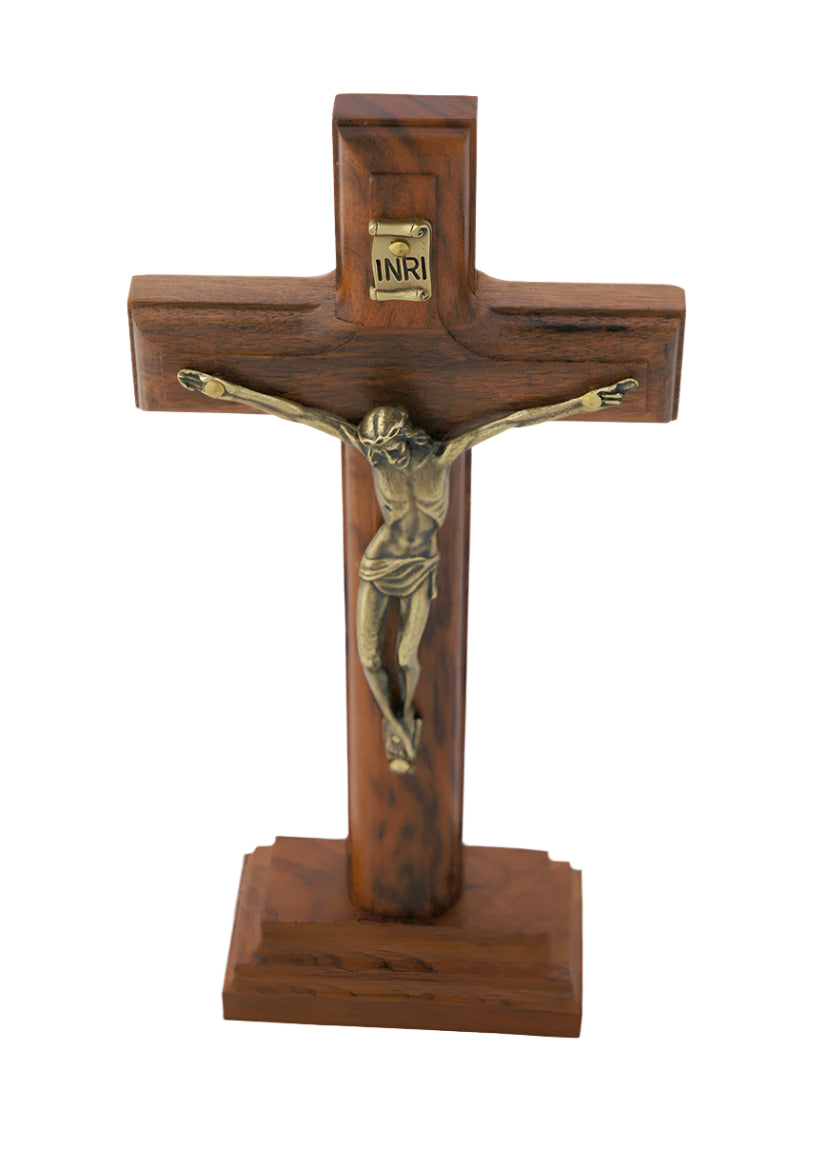 Brazilian wood wall crucifix with gold corpus, INRI plaque, and removable stand on solid wood base
