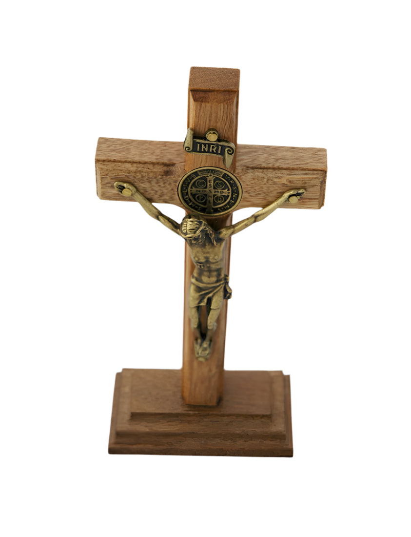 Brazilian wood wall crucifix with gold-plated corpus, St. Benedict medal, and removable stand on wood base