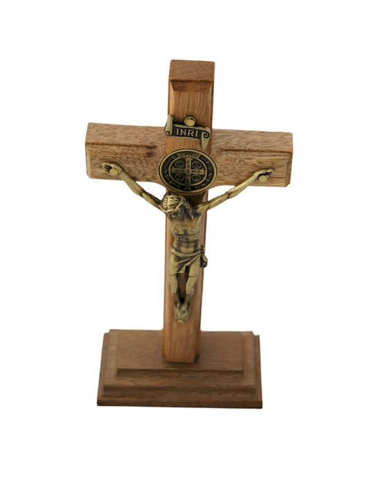 Brazilian wood wall crucifix with gold-plated corpus, St. Benedict medal, and removable stand on wood base
