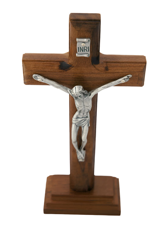 Brazilian wood wall crucifix with detailed silver corpus and removable stand for tabletop or wall display