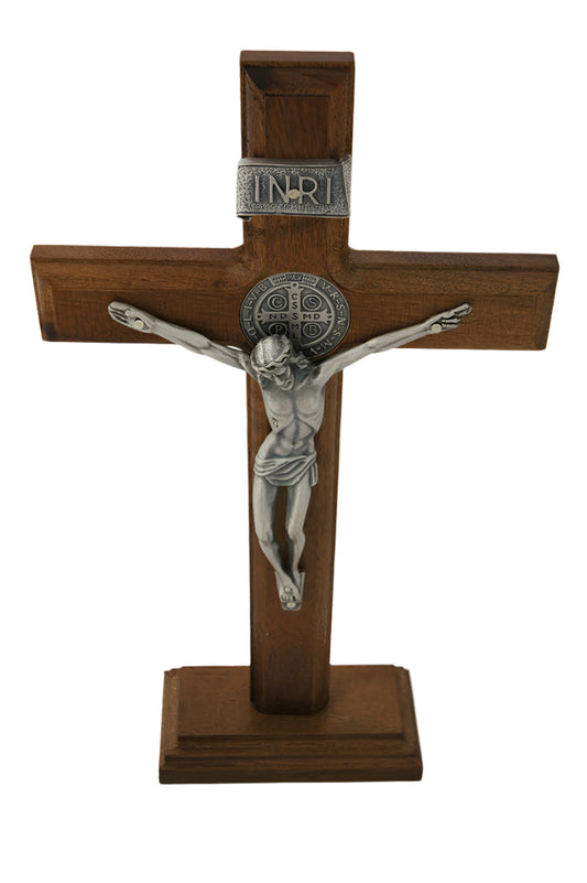 Brazilian wood wall crucifix with silver corpus, St. Benedict medal center, and removable base stand for display