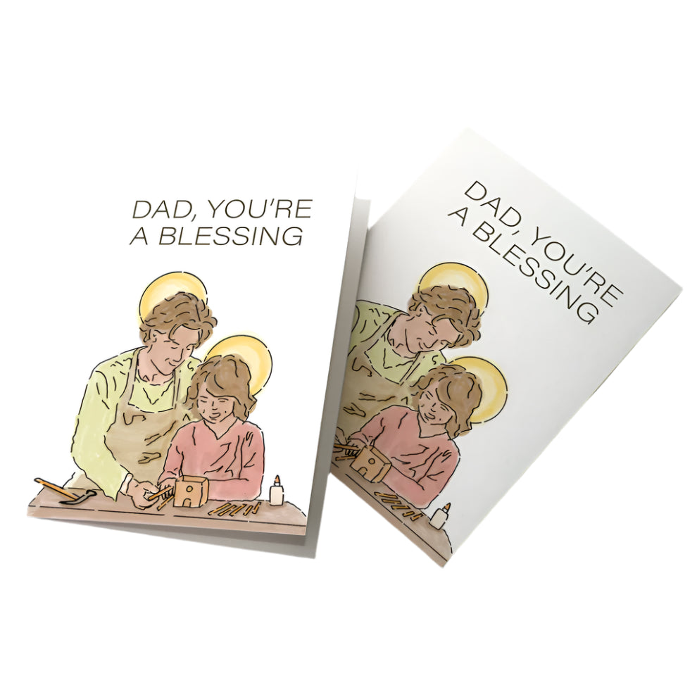 Father's Day greeting card with illustration of a father and child crafting, titled "Dad, You're A Blessing