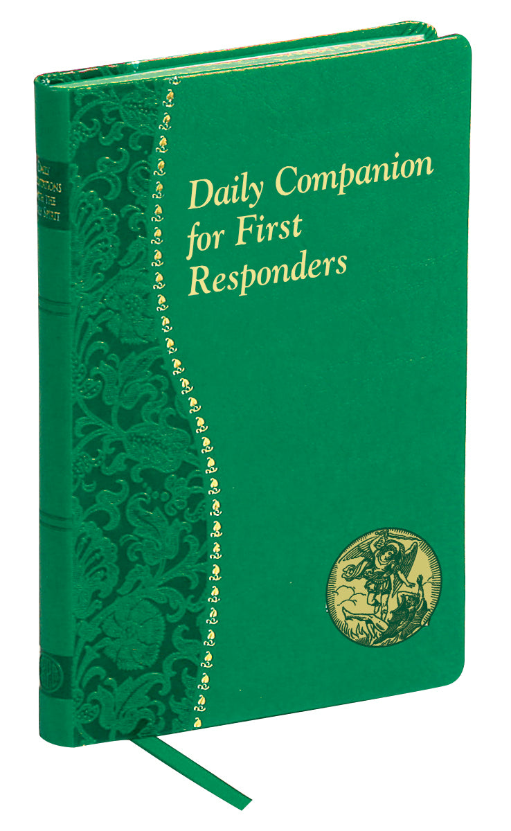 Green hardcover Daily Companion for First Responders book with gold embossed title, decorative spine, and ribbon bookmark