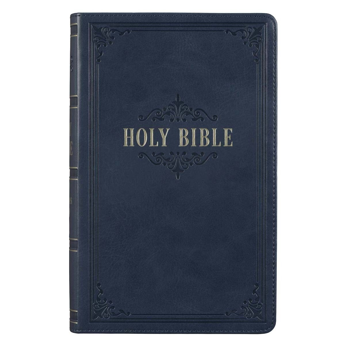 Dark blue faux leather King James Version Bible with giant print, thumb index, and decorative embossed cover design