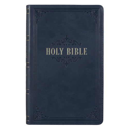 Dark blue faux leather King James Version Bible with giant print, thumb index, and decorative embossed cover design