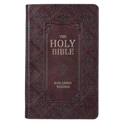 Dark brown faux leather King James Version Bible with giant print, embossed cover, and standard-sized format with thumb index