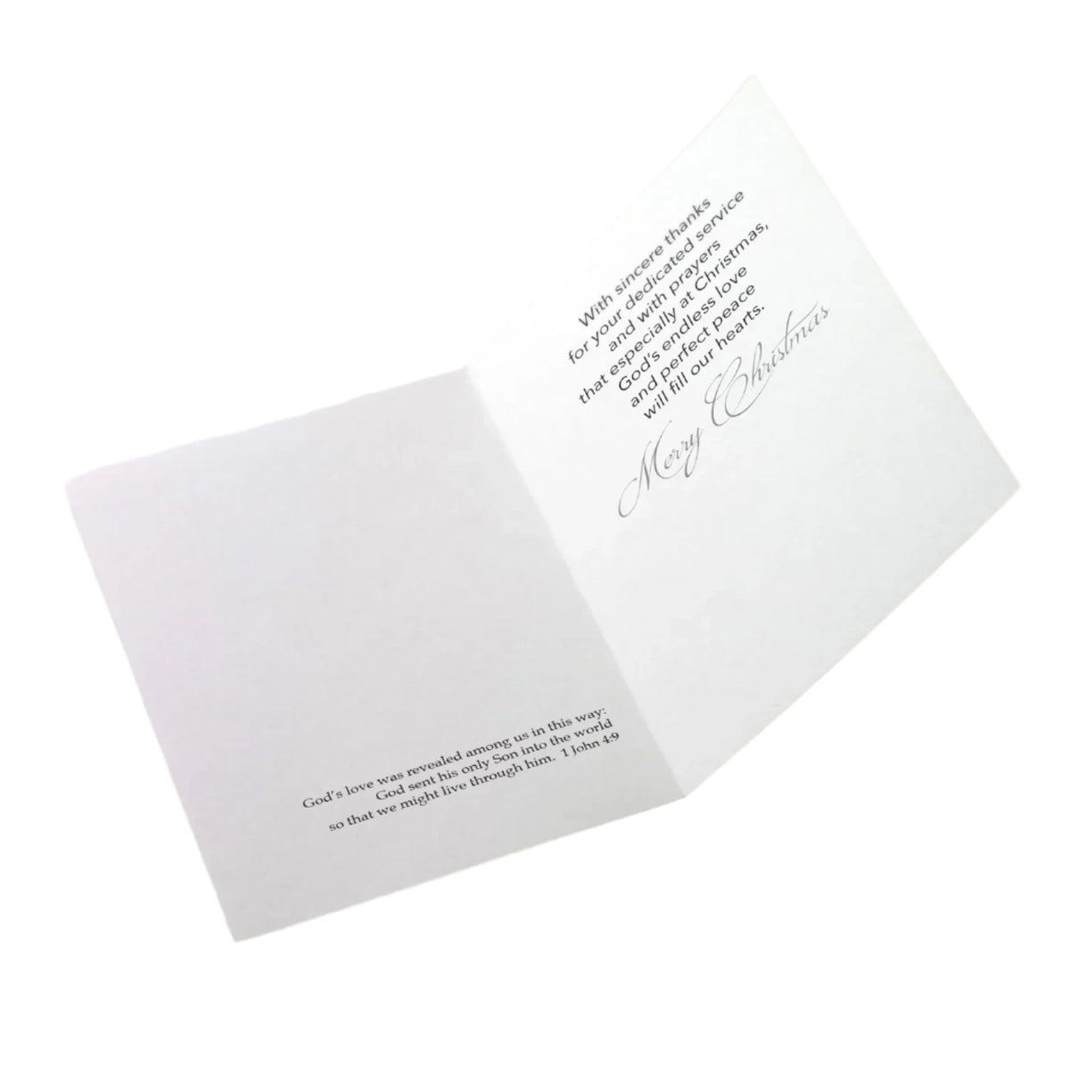 Open Christmas card for deacon with gratitude message and Bible verse inside on white background.