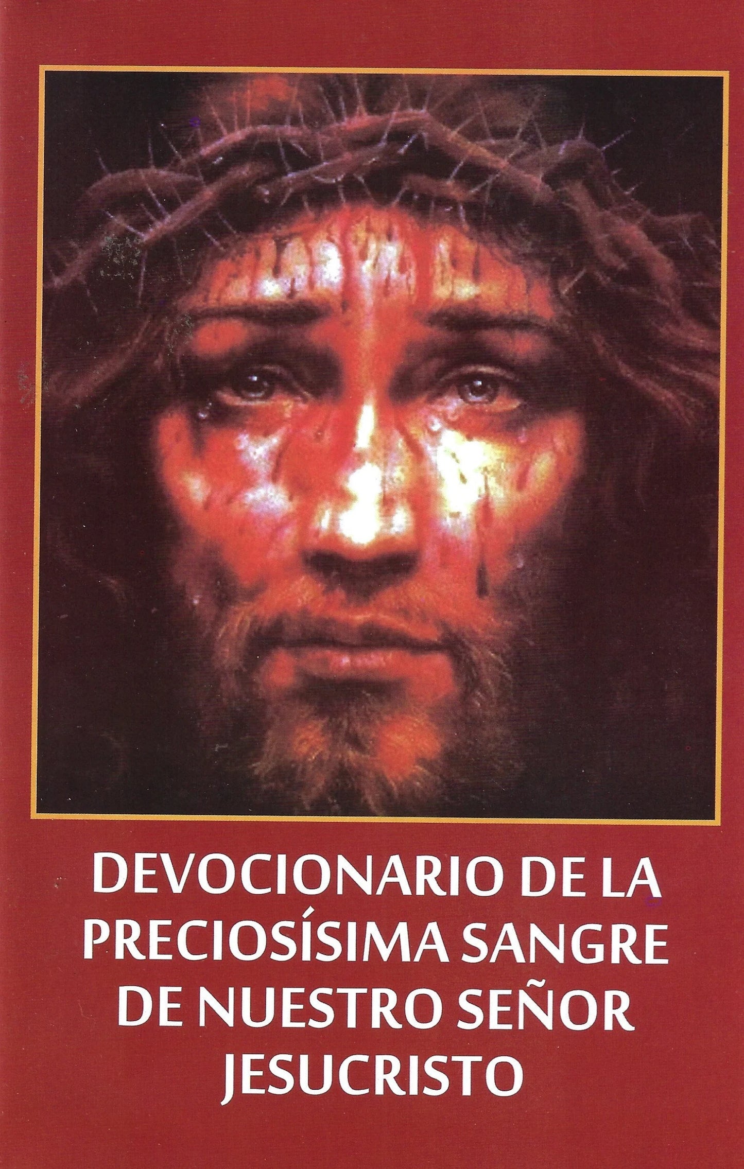Close-up portrait of Jesus Christ with crown of thorns and blood, on red devotional prayer book cover in Spanish text