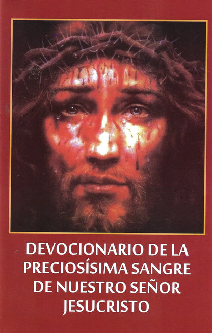 Close-up portrait of Jesus Christ with crown of thorns and blood, on red devotional prayer book cover in Spanish text