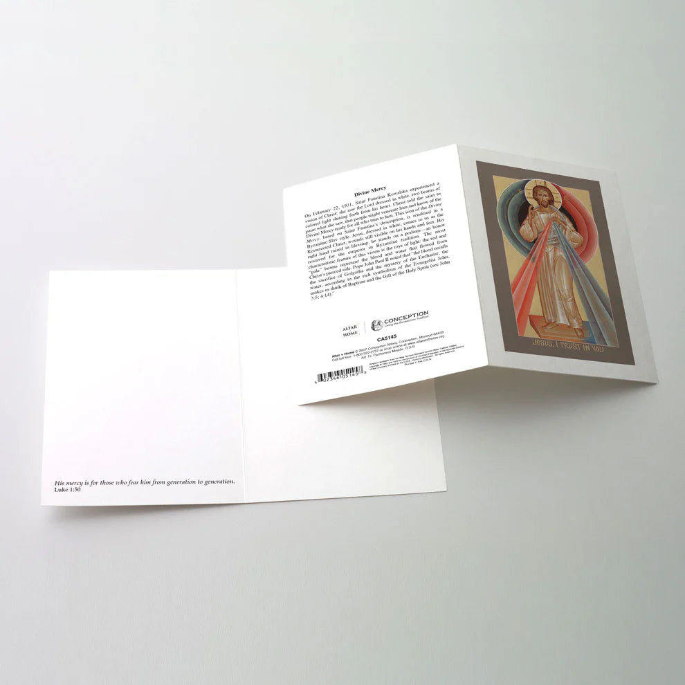 4 3/8" Divine Mercy icon greeting card with image of Jesus and scripture from Luke 1:50, mainly blank inside