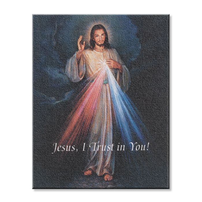 8" x 10" Divine Mercy Catholic canvas print with Jesus image and "Jesus, I Trust in You" text on stretched wood frame