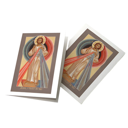 Divine Mercy Icon greeting card featuring Jesus with rays of mercy and text "Jesus, I trust in You" on white card stock