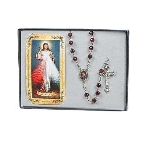 Divine Mercy metal rosary with red glass beads, silver chain, Divine Mercy medallion, and silver crucifix in gift box
