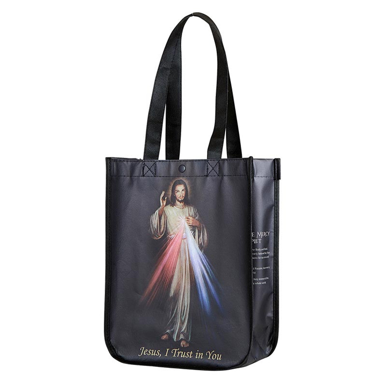Small eco-friendly tote bag with Divine Mercy image and "Jesus, I Trust in You" text, made from repurposed plastic materials