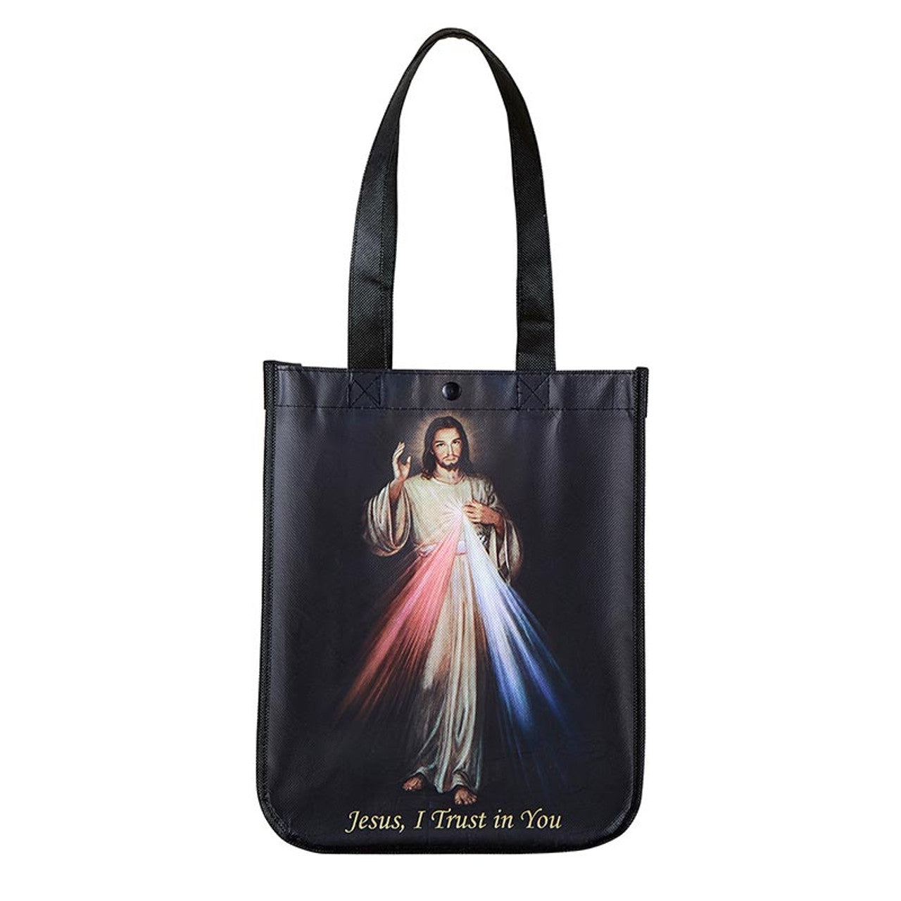 Small eco-friendly tote bag with Divine Mercy image of Jesus and "Jesus, I Trust in You" prayer text