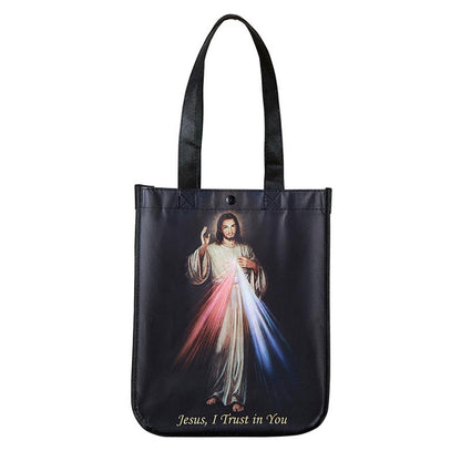 Small eco-friendly tote bag with Divine Mercy image of Jesus and "Jesus, I Trust in You" prayer text