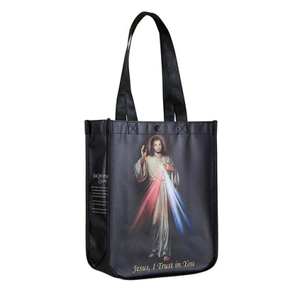 Small eco-friendly tote bag featuring vibrant Divine Mercy image with Jesus and "Jesus, I Trust in You" text