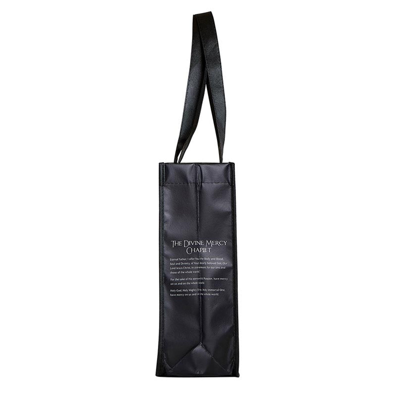 Black Divine Mercy small eco-friendly tote bag with prayer text and sturdy handles for daily use or gifts.