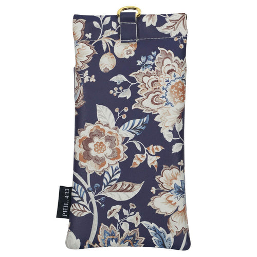Honey-brown and navy floral faux leather double eyeglass case with Philippians 4:13 tag and gold ring detail