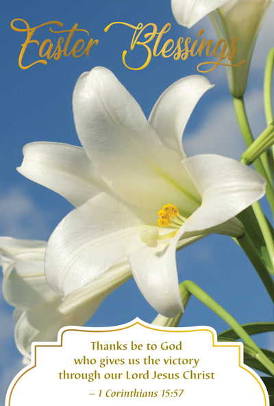 Easter Blessings Greeting Card with white lilies, gold foil text, embossed scripture from 1 Corinthians 15:57 on blue sky background