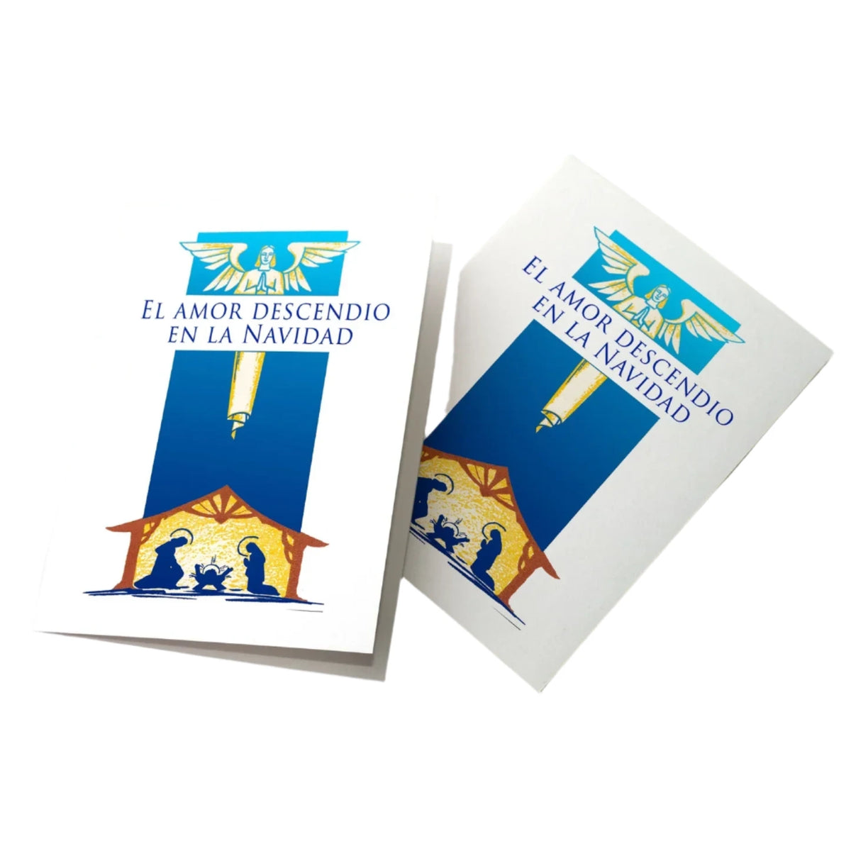 Christmas card "El Amor Descendio en la Navidad" with nativity scene, angel illustration, and Spanish text on white background.