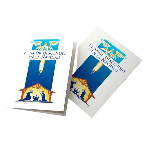 Christmas card "El Amor Descendio en la Navidad" with nativity scene, angel illustration, and Spanish text on white background.
