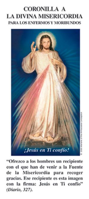 Prayer booklet for Divine Mercy Chaplet for the sick and dying with Jesus image and trust message in Spanish text