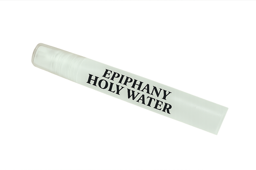 Clear 2ml spray bottle labeled Epiphany Holy Water, free with any purchase, one per order, non-international shipping