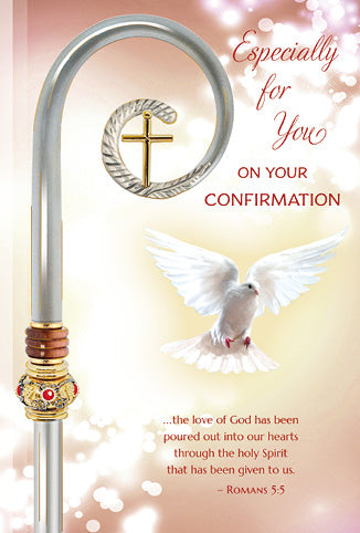 Confirmation greeting card with gold foil cross design, dove illustration, and Romans 5:5 scripture verse on soft background