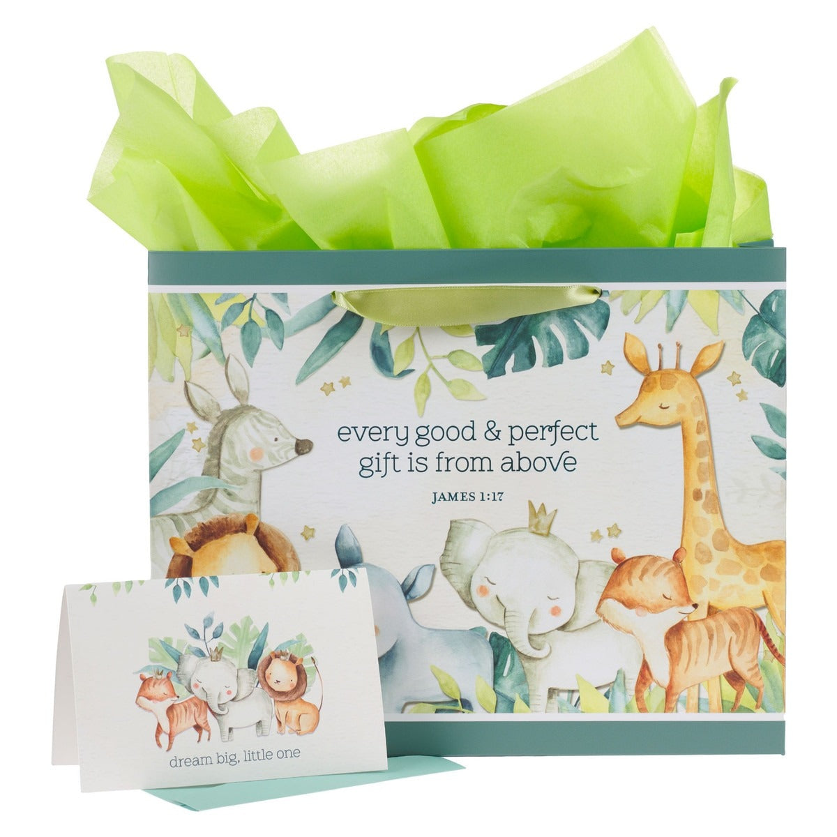 Every Good and Perfect Gift forest animals large landscape gift bag with green tissue and matching card set James 1:17