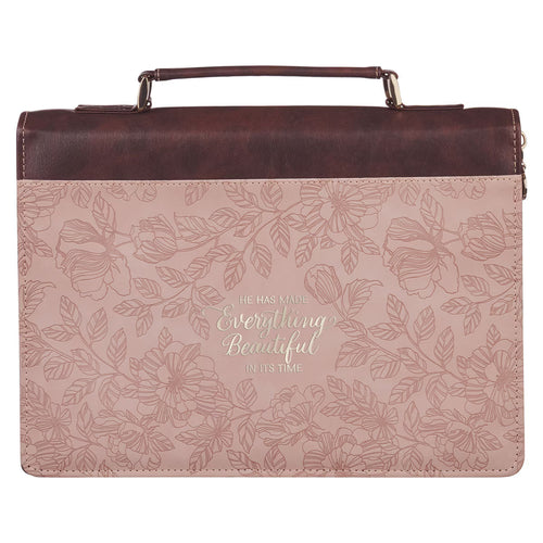 Blush floral faux leather Bible cover with brown handle and Ecclesiastes 3:11 inspirational quote embossed