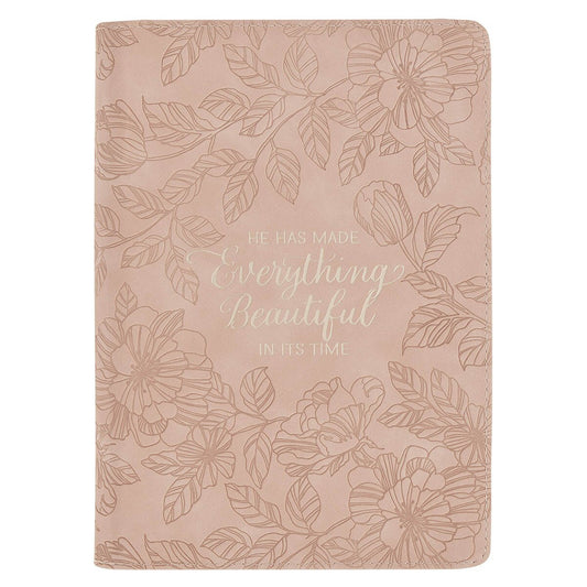 Blush floral faux leather journal with zipper closure and Ecclesiastes 3:11 quote embossed on cover