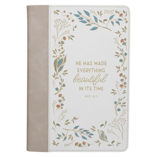 Cream floral faux leather journal with Ecclesiastes 3:11 quote and taupe spine in classic elegant design
