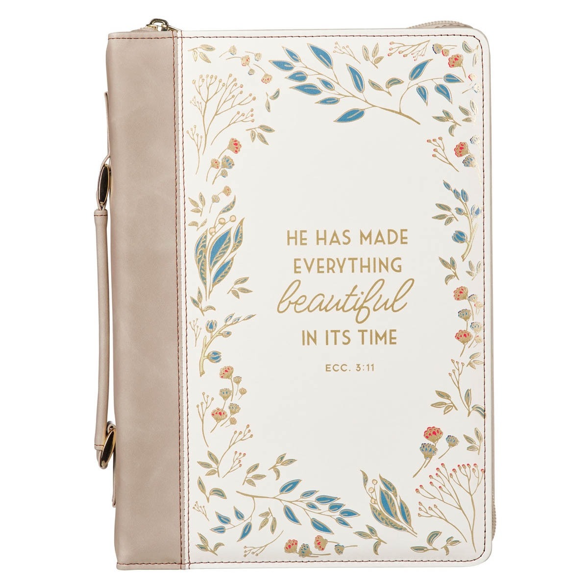 Large taupe faux leather Bible cover with zip closure, handle, and floral design featuring Ecclesiastes 3:11 quote in gold lettering