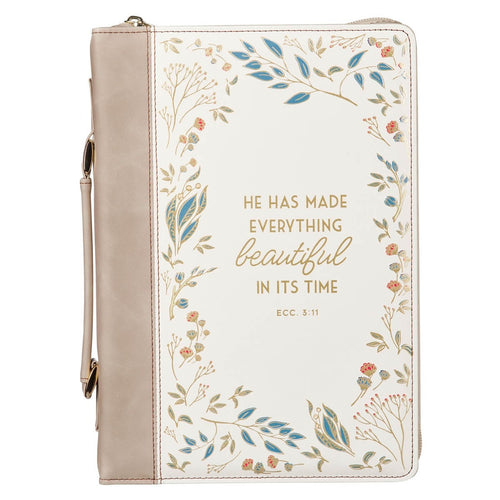 Large taupe faux leather Bible cover with zip closure, handle, and floral design featuring Ecclesiastes 3:11 quote in gold lettering